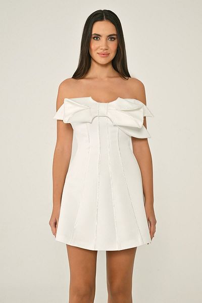ALFABETA Women Strapless Short Big Bow on Chest White Evening Dress & Homecoming Dress Ab6981-White