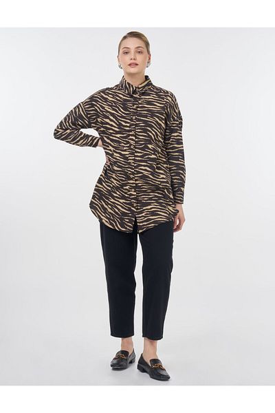 KYR Zebra Pattern Shirt Collar Tunic Dark Brown