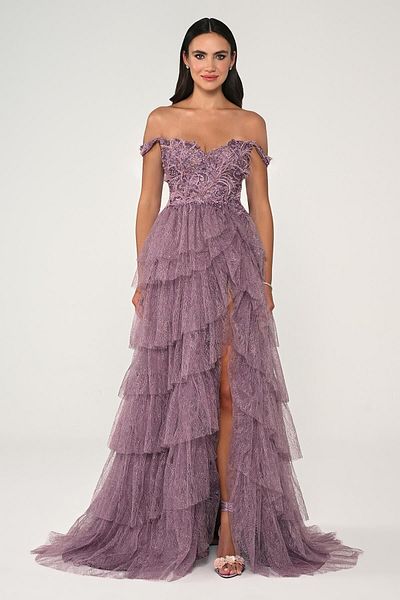 ALFABETA Women's Sweetheart Neckline Deep Slit Bottom Section Tiers Top Feather Embroidered Dusty Rose Evening Dress & Graduation Dress