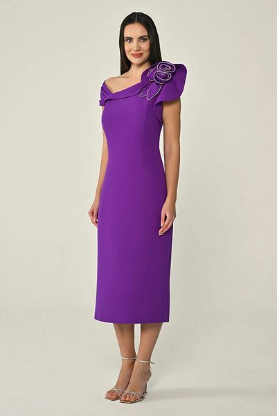 ALFABETA Women's Asymmetrical Neckline Shoulder Rose Detail Long Purple Evening Dress & Graduation Dress Ab7016-Purple