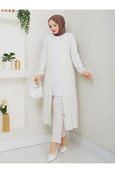 Efelif Ecru Elegant Pocketed Zippered Double Suit Mf-2310