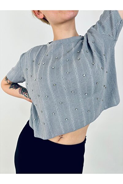 Yasminyes Gri taşlı triko bluz