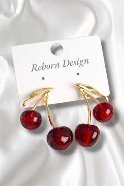 REBORN DESIGN Brass Gold Color Red Cherry Model Women's Earrings