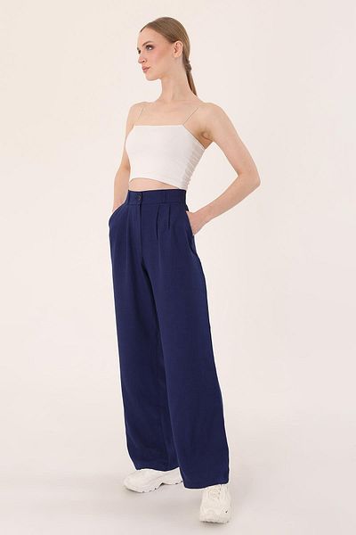 Hazel Women's Navy Blue High Waist Linen Palazzo Trousers