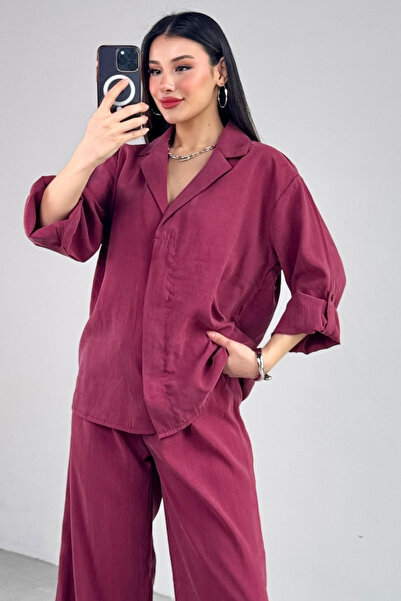 Cappmoda Tkm-13271 Burgundy Woven Double Breasted Collar Shirt Loose Trousers Two Piece Set