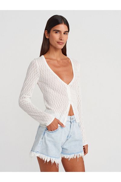 Dilvin 60969 V-Neck Openwork Button Slim Knitwear Cardigan-Ecru
