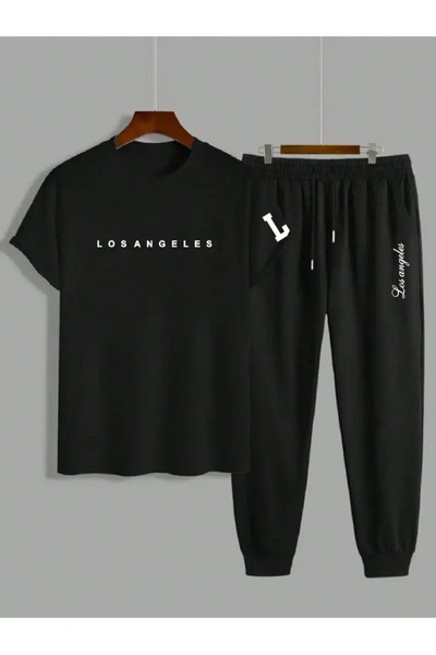 LAND MODA طقم تي شيرت بأكمام قصيرة وبنطلون طويل مطبوع عليه نص لوس أنجلوس إنجل...