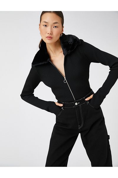 Koton Cardigan cu fermoar cu nervuri, guler stratificat, croiala subtire