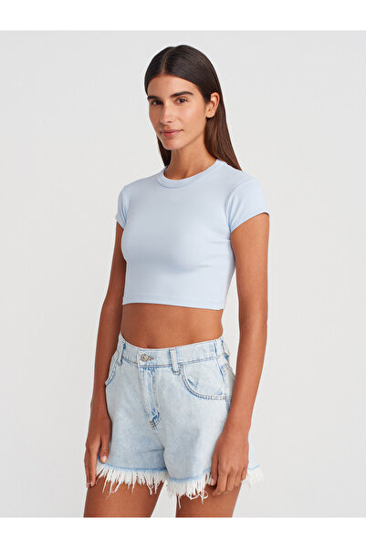 Dilvin 31810 Tricou Crop cu decolteu - Albastru deschis