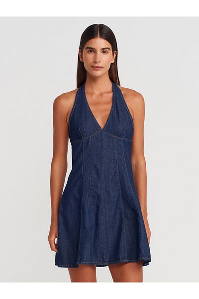 Dilvin 90556 Mini rochie din denim cu spatele deschis-albastru închis