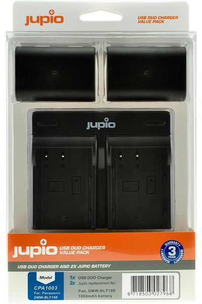 Jupio Jupio Kit, 2 Batteries DMW-BLF19E, 1860 mAh, and Charger with Two Bases and USB Port, Black