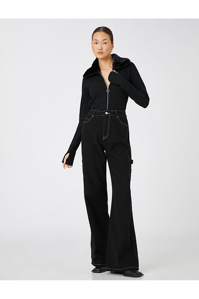 Koton Cardigan cu fermoar cu nervuri, guler stratificat, croiala subtire