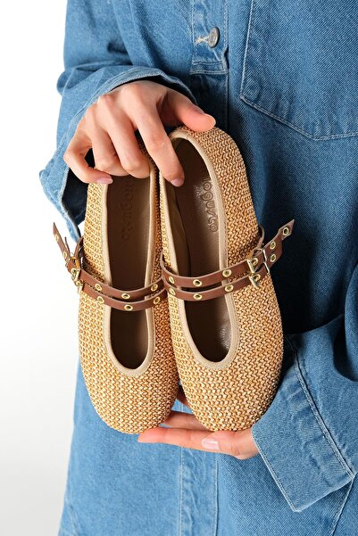 Mio Gusto Nolina Wicker Tan Color Banded Women's Ballerina Shoes