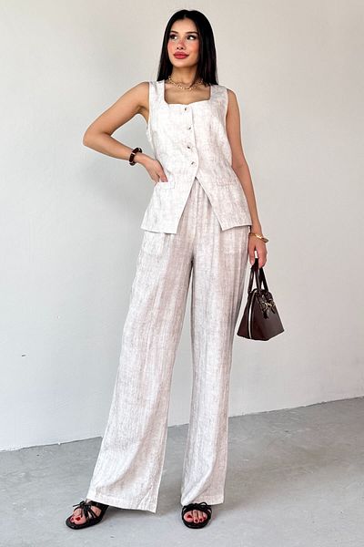 Cappmoda Tkm-13270 Stone Color Buttoned Pocket Detailed Vest High Waist Palazzo Trousers Two-Piece Set