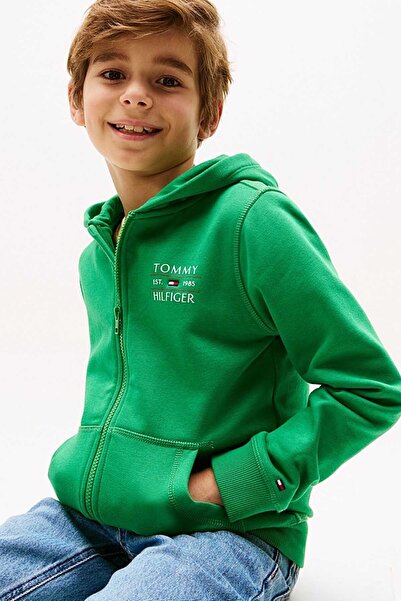 Tommy Hilfiger Erkek Çocuk Tommy Flag Fermuarlı Kapüşonlu Sweatshirt - Yeşil