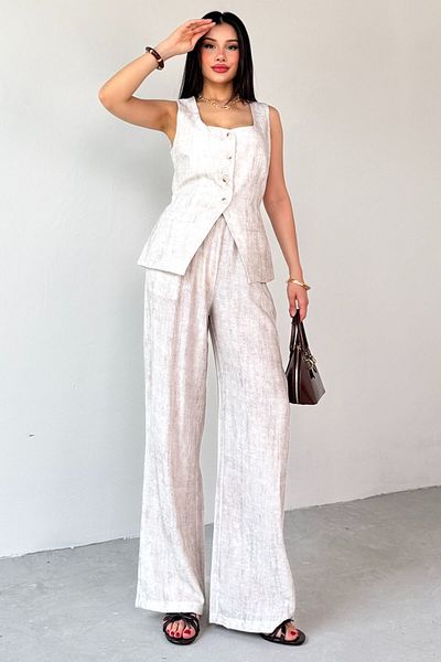 Cappmoda TKM-13270 Πέτρινο Χρώμα Κουμπί Τσέπη Λεπτομερές Γιλέκο Ψηλόμεσο Παντελόνι Palazzo Σετ δύο τεμαχίων