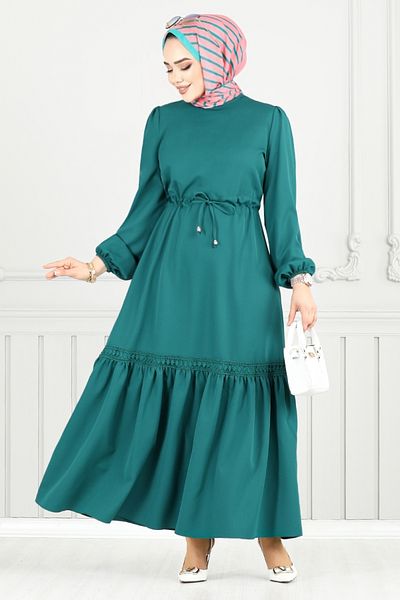 ModaMerve Hijab Dress with Elastic Cuff 23011Ukb929-M Light Petrol