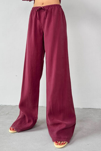 Cappmoda Tkm-13271 Burgundy Woven Double Breasted Collar Shirt Loose Trousers Two Piece Set