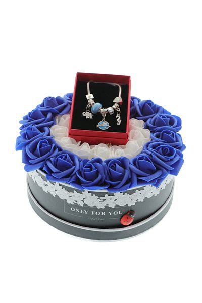 GiftExpress Blue floral arrangement with foam roses and charm bracelet