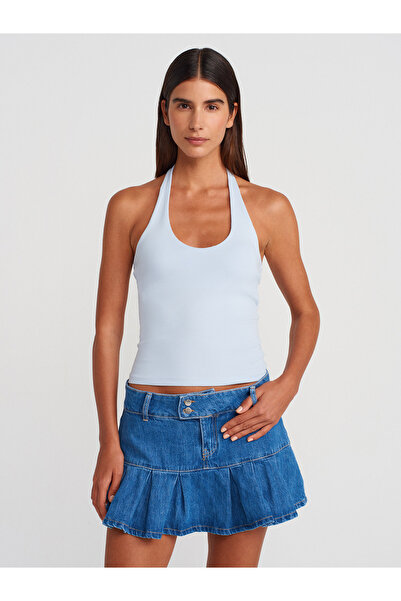 Dilvin 71979 Pileli Denim Şort Etek-Mavi