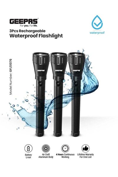 Geepas 3Pcs - Rechargeable Water Proof LED Flashlight with Hyper Bright Cool ...