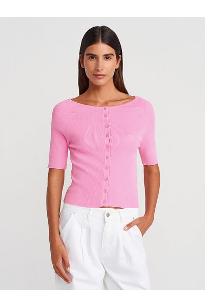 Dilvin 60970 Light Crew Neck Ribbed Buttoned Slim Knitwear Cardigan-Dark Pink