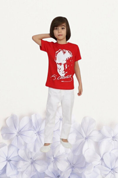 Nacar Kız Erkek Çocuk 23 Nisan Atatürk Baskılı Kısa Kol Gösteri Tshirt Yetişk...