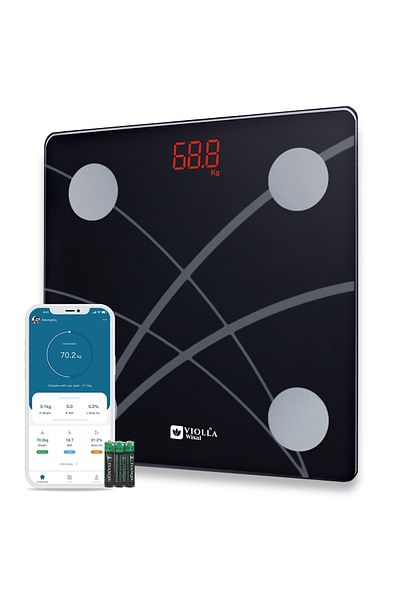 VİOLLA Wireless digital bathroom scale with Bluetooth app, body fat scale and BMI, weight capacity up to 150 kg.