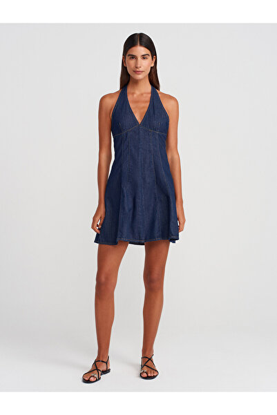 Dilvin 90556 Μίνι τζιν φόρεμα με ανοιχτή πλάτη-σκούρο μπλε