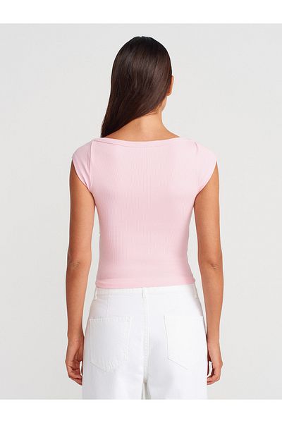 Dilvin 31809 Boat Neck Ribbed T-Shirt-Powder Pink