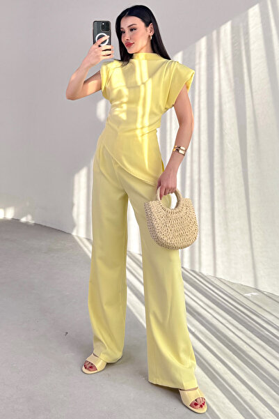 Cappmoda Pnt-07409 Yellow Polyviscon Fabric Palazzo Trousers