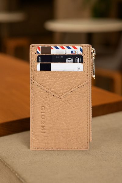 gio&mi Seth Genuine Leather Coin Zippered Women's Men's Wallet Card Holder Camel