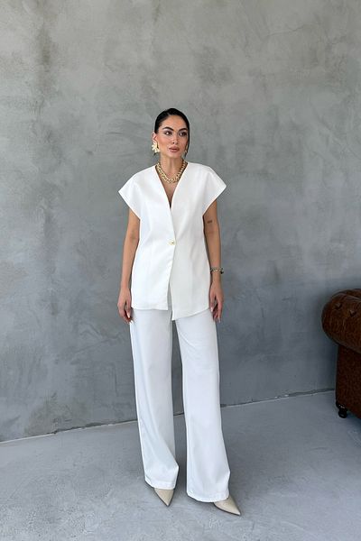 Seda Yalçın Atelier Ecru Gold Button Detailed Asymmetrical Cut Vest Trousers Set