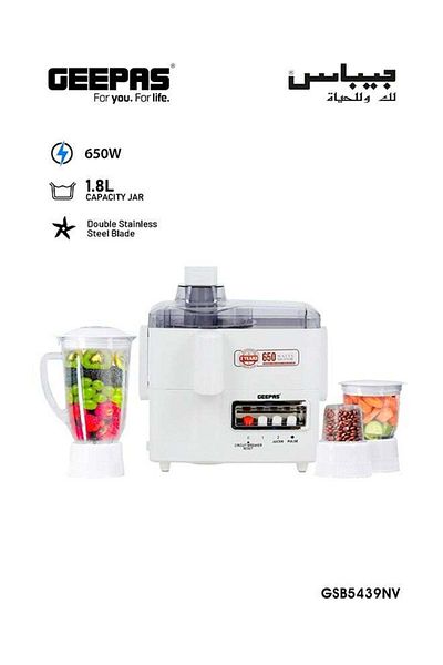 Geepas Multi-Functional 4-In-1 Food Processor (Juicer/Blender/ Grinder & Chopper) With Plastic Jar With SS