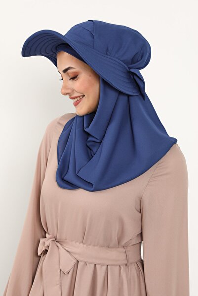 Aisha's Design Πρακτικό τουρμπάνι από κρεπ με αποσπώμενο καπέλο με φιόγκο στην πλάτη, SS-9, Indigo