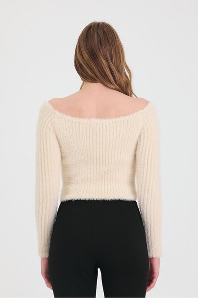 odelon Kadın Sakallı Omzu Açık Triko Kazak Ekru