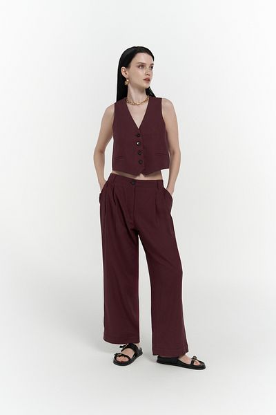BOHEMAİ Set pantaloni cu vestă Anka din in roșu Claret
