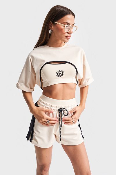 its basic Women's Beige Color S6-105 Shorts Sports Bralette T-Shirt 3-Piece Set Combination