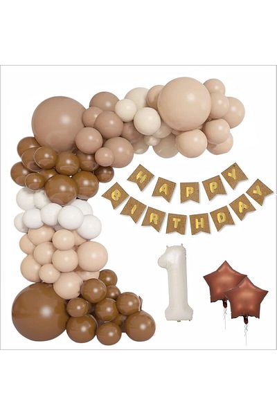 ZENVİVA Kraft Gold Banner 1 Year Old Brown -White Concept Birthday Set