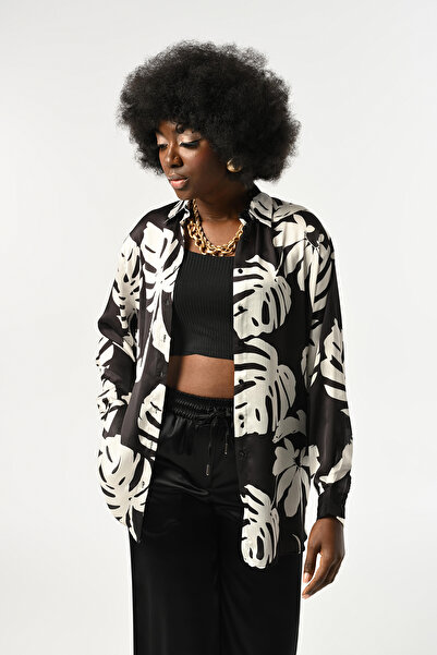 Orfeo Negro Women's Leaf Patterned Oversize Cut Shirt