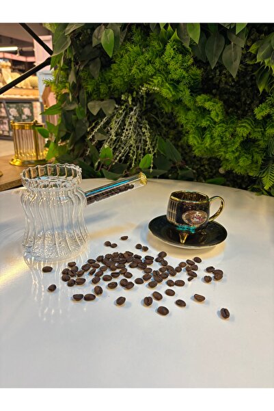 ARS HOME DEKOR Isıya Dayanıklı Cam Cezve, Kulpu Kahve Çekirdeği Dekorlu Çizgi...