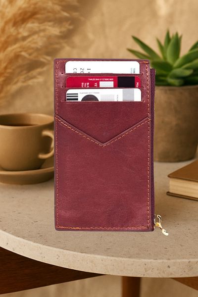 gio&mi Seth Genuine Leather Coin Zipper Women's Men's Wallet Card Holder Cognac