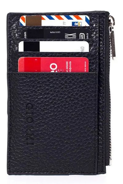 gio&mi Glorya Genuine Leather Coin Compartment Zippered Men's Black Card Holder Wallet