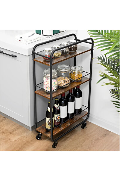 Herum Raft mobil, din metal, cu 3 rafturi MDF, Negru/Maro, 50 x 19 x 81 cm