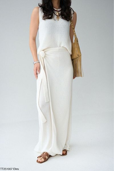Lupies Women's Ecru Sleeveless Blouse-Tie-Up Pants Knitwear Set