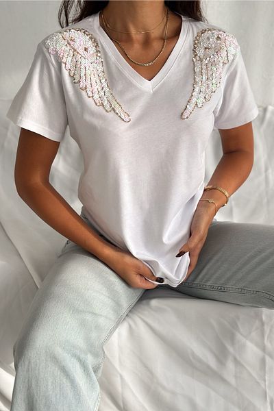 FEMELLE Tricou alb pentru femei, cu decolteu în V, cu pene, cu paiete, cu paiete, brodat, 100% bumbac
