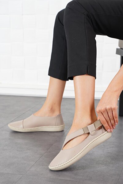 Moda Pie Cesa Yan Lastik Pencere Hakiki Deri Kadın Ayakkabı Vizon Cilt