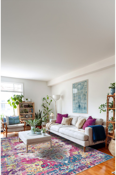 BigArts Home Canlı Renkli Vintage Halı - Pembe, Sarı ve Mavi Dijital Şönil Halı