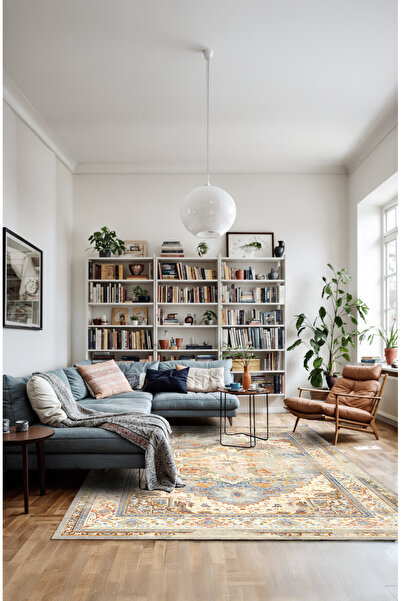 BigArts Home Klasik Madalyon Desenli Şönil Kilim Yolluk ve Yuvarlak Kaymaz Ta...