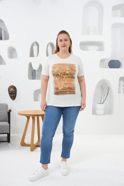 RMG Flower Pattern Printed Large Size T-Shirt Ecru